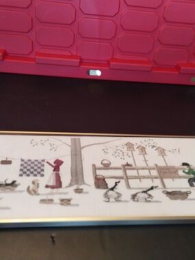 Framed Country Needle Point Scene in Soft Neutrals